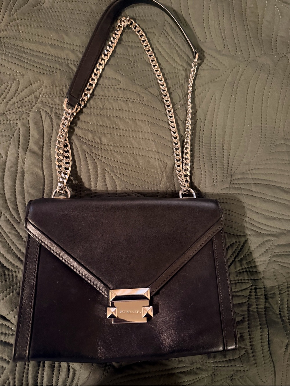 Michael Kors Black Leather Whitney Shoulder Bag with Silver Chain